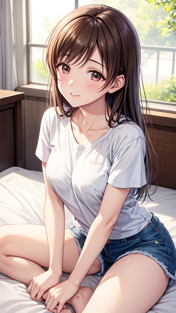 Highest quality、high resolution、High definition、HD、((Relax in your room、Sit on the bed))、(Nitta Minami、Long Hair、Medium chest、Brown Hair、Brown eyes、Glossy lips、Glowing Skin、Realistic skin texture、(T-Shirts、Shorts))、Love me、(blush、Staring at me)、(Very close to me)