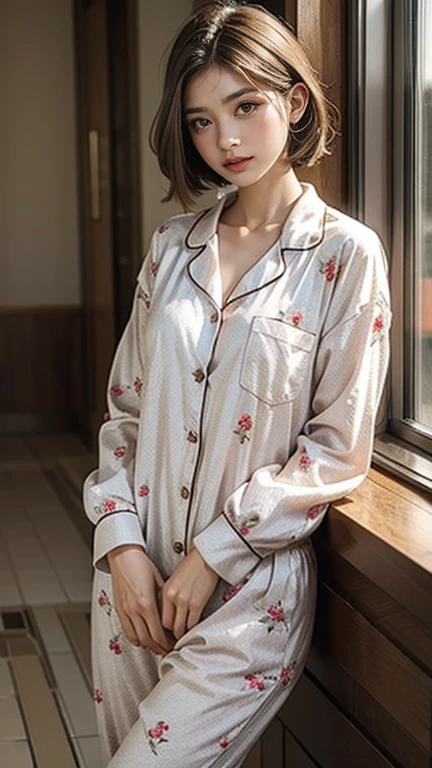 Sleepy girl, 22 years old, Realistic, She wears a short, She is wearing floral pajamas, short hair.
