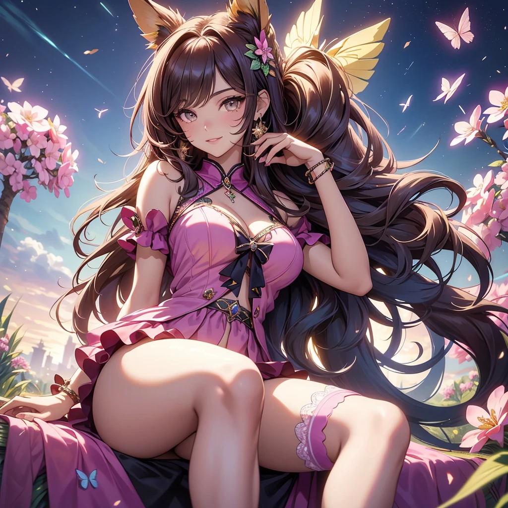 (High resolution), (32K), (very very highly detailed), (Best illustration), (beautiful and delicate eyes), (best quality), (super detailed), (master piece), (Detailed and delicate face), solo,Highly detailed face and skin texture,fine eyes,spread your legs、very shy、blush、spread legs,high details,(dynamic pose),1 female, long hair , long legs、open crotch、 (camel toe),(((big )))、Exposing genitals without wearing pants,The protruding PUssy ,cocked ass,I grew up sexy、(((Sheer Bunny Girl)))、best style、pink nipples、Transparent pink nipples、(Floral ornament on the head)、Beautiful woman、pink sky、pink clouds、pink flowers、 pink hot spring、pink water all over、pink light、pink sky間