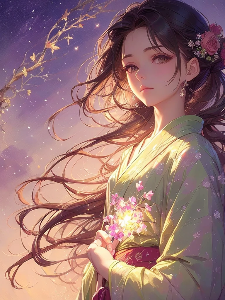 Masterpiece High resolution Highest quality Fractal art Fantastic fireworks in the night sky Fantastic flower field at night Beautiful girl with long brown hair in a yukata Profile Yukata with tied hair Hairpin Fantastic background Korean glitter eye makeup Mature older woman Fantasy art