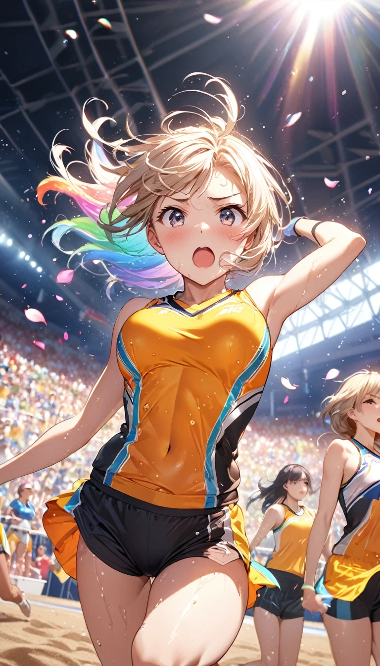 (Sports magazine cover photo), Highest quality, Great quality, 16K, Unbelievably absurd, Very detailed, delicate and dynamic, Natural light, The particles reflect light, Diffuse reflection of light, Many rainbow-colored petals fall, Beautiful sand field, Sparkling Sun, Diffuse reflection of light, Create amazing image effects, , Wet, sweating, athletics, Long jump, Long jumper, Jumping high, Close-up(Cute sexy girl, big bouncing busts, Sensual expression, Cool girl, Serious, passion, Dynamic, Flashy Athletics Uniforms, ,audience , much-air-laden cheer)