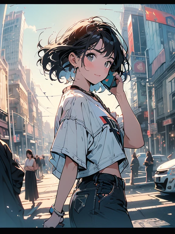 (((Fisheye Lens))), Very wide white background, Superior Quality, masterpiece, 32K, Written boundary depth, Intricate details, (((unmanned))), Very large margins, Lots of text, Company logo, space, Movie Posters,(((Mossy buildings))),Nostalgia, (((City of night))), Panorama, Long Shot, Backlight, (((Dull colors))),(((Only One Woman))), (((Perfect Face))), 14k, (((Highly detailed background))), (((Highest quality))),(((Cowboy Shot))), Ultra detailed hair, (((Faint lighting))),(((A wide variety of unique hairstyles))), Super Beauty, (((Ultra detailed face))), ((((Different angles)))), (((The wind is blowing))), (((Different hair colors))),(((Very fine and beautiful sparkling eyes)))(((Light on the face.))),(((Flat Chest))),(((Black Short Sleeve Sweatshirt)))R,(((mysterious))),(((Destroyed city))),short hair,((Submerged City)),(((Hold the smartphone to your ear)))、Perfect hands、Perfect Fingers、(((Telephone booth)))、完璧なTelephone booth、詳細なTelephone booth、、Magazine Cover、The perfect smartphone、Detailed smartphone