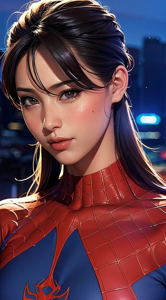 Photo portrait of a female spiderman, Atmospheric scenery, masterpiece, Highest quality, (Beautiful face in every detail, Skin texture details, Super-detailed body:1.1),