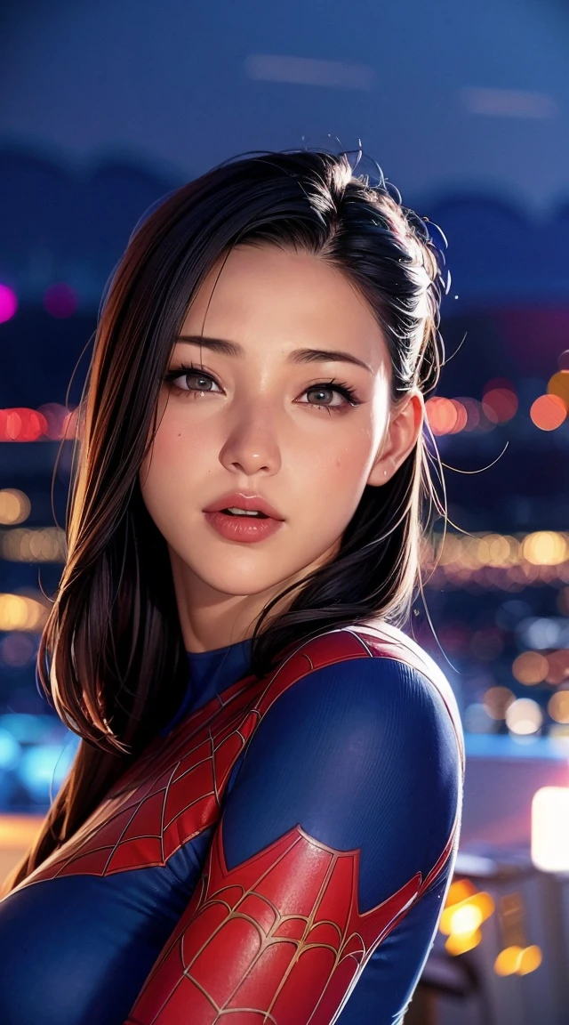 Photo portrait of a female spiderman, Atmospheric scenery, masterpiece, Highest quality, (Beautiful face in every detail, Skin texture details, Super-detailed body:1.1),