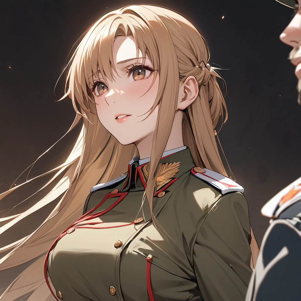 ((Highest quality)), ((masterpiece)), (detailed), (Perfect Face)、The woman is a Russian Yuuki Asuna, a Russian soldier with medium-long light brown hair, wearing a khaki Russian military uniform and a Russian military coat.