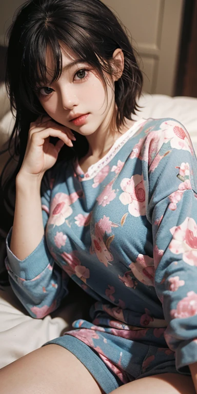 Cute girl lying face down on the bed and looking at you, 22 years old, Realistic, she is wearing shorts, She is wearing floral pajamas, short hair.Shoulder Bare