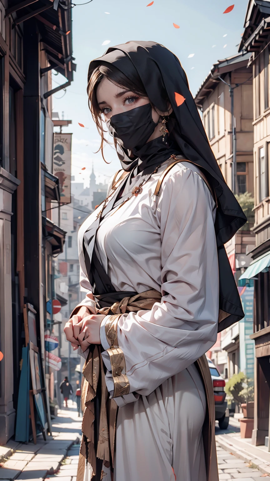 (Highest quality, 8k resolution, (Realistic, photoRealistic:1.37)) Girl in Arabian costume, Wearing a black abaya, A black hijab covering the head, Black niqab covering the mouth, Standing on a cobblestone street lined with sturdy stone buildings. Sunlight is strong, Gives off a slightly dusty vibe. In the distance, The cityscape features magnificent Arabian palace buildings..