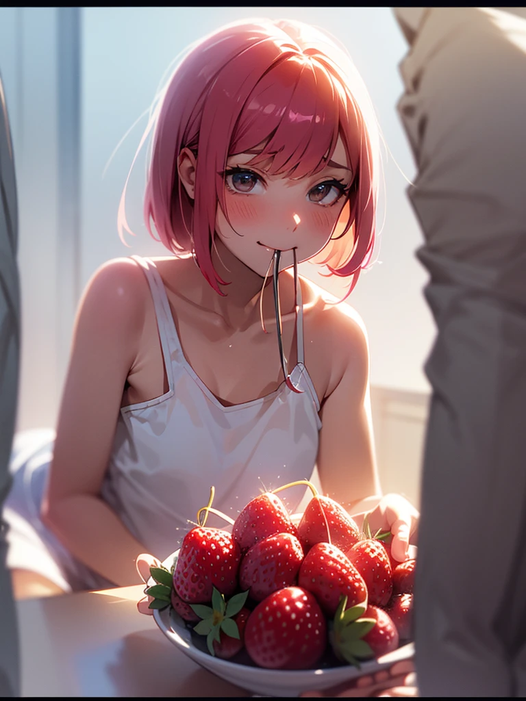 (Sumilux f1.4 50mm , low Latitude old color negative film , cross process , bokeh, flare, chromatic aberration , soft focus, (Shallow focus) , soft glow , Maximum aperture, low Key , Transparent depiction) , coquettish milf , showing off 2 small strawberrys , strawberry to mouth , Caressing the strawberries , Pour condensed milk , insert
