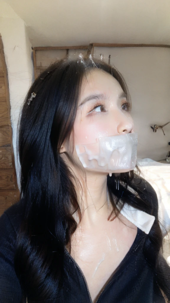 One female, selfie、face close up、cheerful smile、big tear bag、tape gag,Room lighting:none、front lighting:weak、Photo taken with iPhone、Japanese cute half-haired girl、profile、looking at the camera、black sweater, white wallpaper only, Rooms without lights、Cleavage Bulge(((Blindfolded)))(((Duct tape covers mouth to nose))), wet face, sperm everywhere