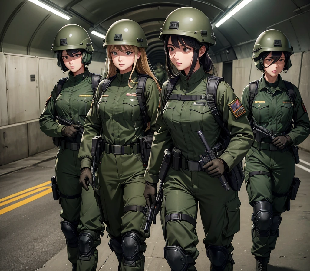 A group of female soldiers wearing dark green M-51 zippered military uniforms、Wear a steel helmet、wear gloves、Military Pants、Knee pads、Patrolling in the tunnel、Write details、masterpiece、best quality、Highly detailed CG、8K picture quality
