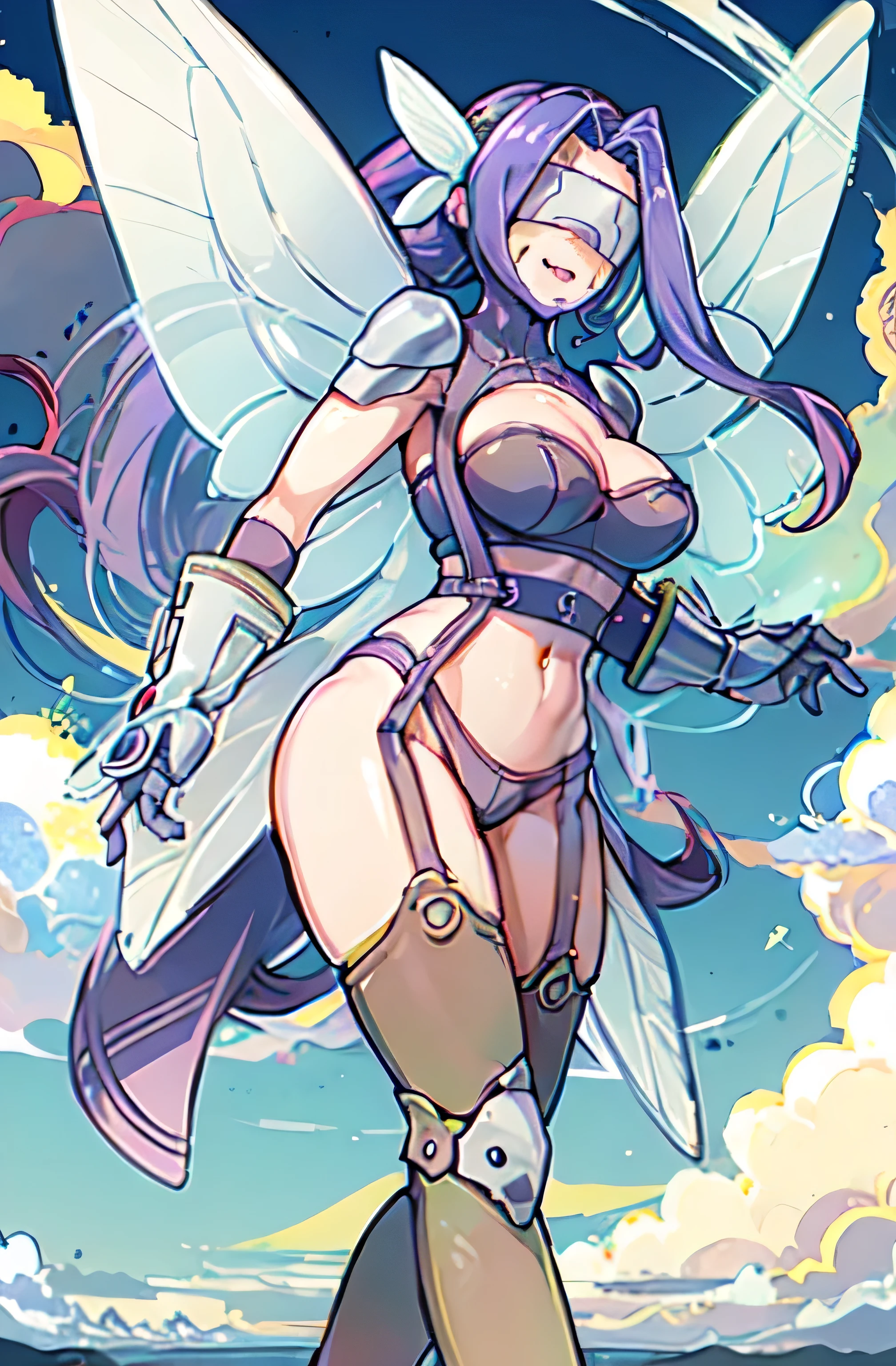 1girl, masterpiece, high quality, kazemon (character from Digimon Frontier), big size breasts, sexy, sensuality, hot,  purple hair, very long hair, digimon, hair ornament, covered eyes, two hands choked her neck, tongue sticking out, big breasts,purple thigh boots, purple hairband, white high gloves, butterfly wings, shoulder pads, smiling, lingerie garters, paradise beach background,kazemon, young, thong underwear bottom, full body, cosplay, posing, mature, parted bangs, garter straps, butterfly hair ornament