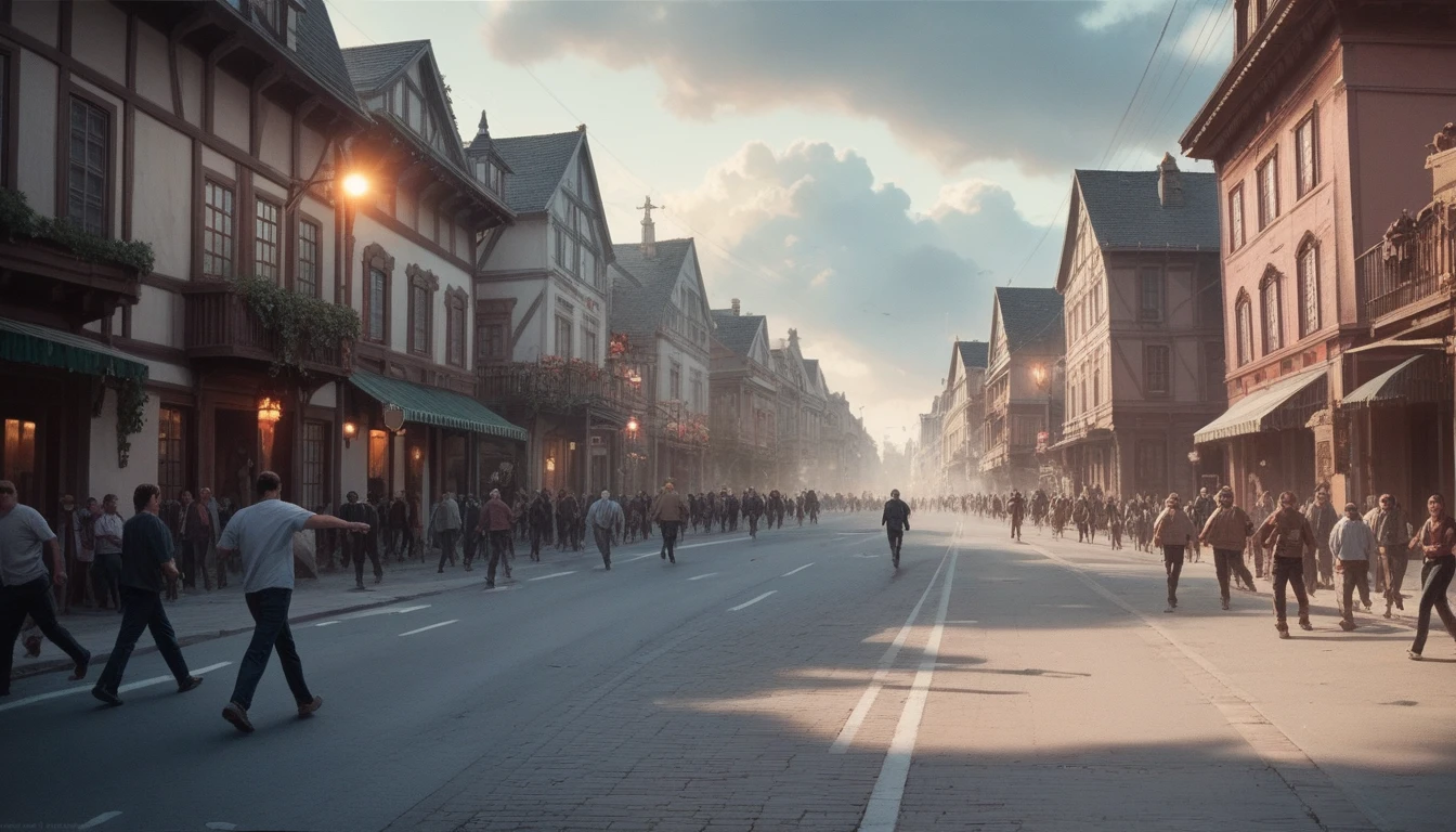 a busy street with many houses, people running, explosions, detailed environment, photorealistic, cinematic lighting, dramatic scene, action, suspense, cinematic angle, dynamic composition, vibrant colors, high contrast, masterpiece, hyperdetailed
