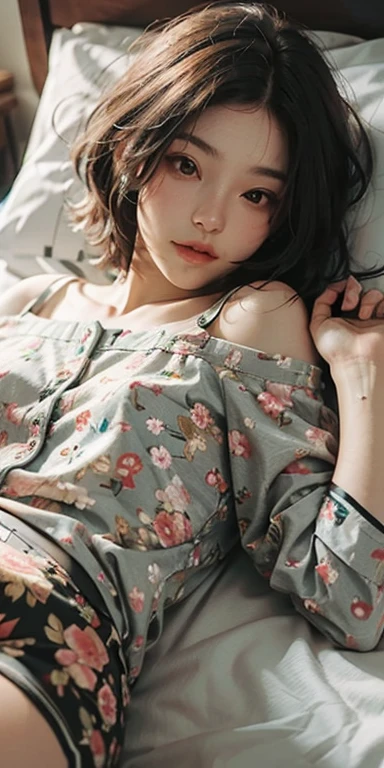 Cute girl lying face down on the bed and looking at you, 22 years old, Realistic, she is wearing shorts, She is wearing floral pajamas, short hair.Shoulder Bare