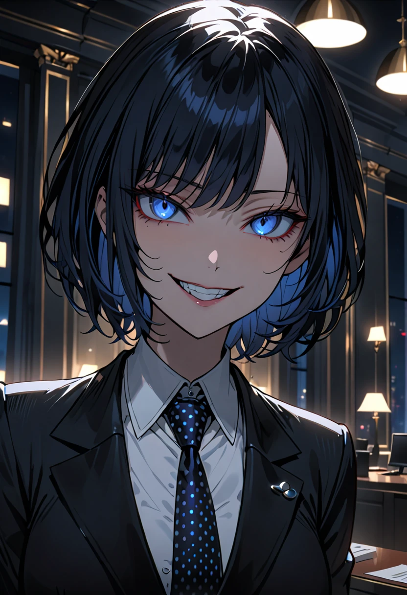 female, solo, close up, black business suit, short hair, black hair, dark blue eyes, night, luxurious government office, indoors, sinister smile, politician, wink, blue tie, white shirt, yandere