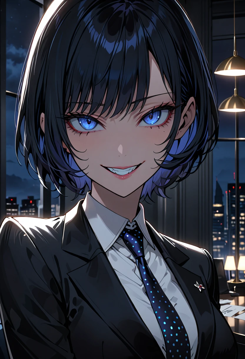 female, solo, close up, black business suit, short hair, black hair, dark blue eyes, night, luxurious government office, indoors, sinister smile, politician, wink, blue tie, white shirt, yandere