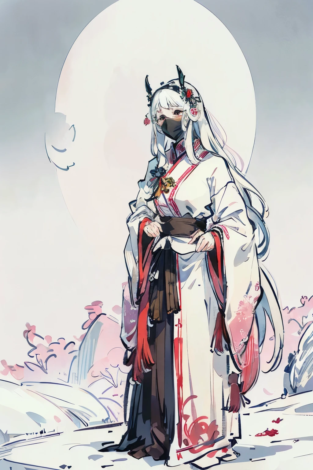 ((Highest quality)), ((masterpiece)), (detailed), 女の子
Masks that hide the face
Hair is white hair
She wears a mask and we cannot see his face.
standing picture