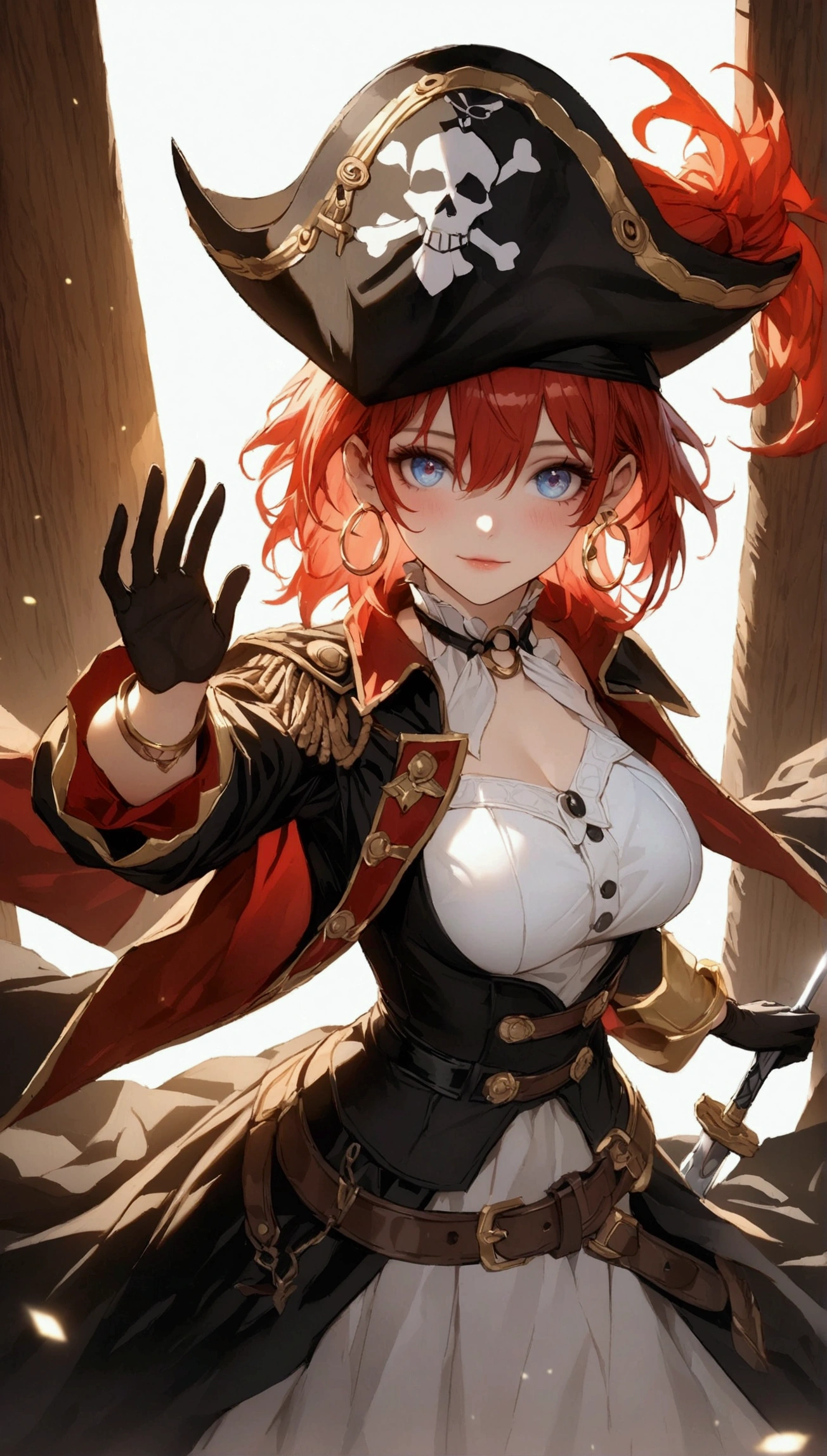 (Masterpiece. The best quality. 8K. Sharp focus. Depth of field, The best shadows. Perfect lighting. HDR. Realistic skin texture. Ultra-detailed background. Detailing). Anime style. Honkai: Star Rail. March 7. 1 girl. Fiery red hair, short hair. Azure - blue eyes, beautiful eyes, beautiful eyes, expressive eyes. Beautiful nose, perfect facial features. Breasts of the second size, beautiful breasts. Long beautiful legs. Pirate hat, white blouse, pirate pants, pirate knee-high boots, leather elbow-length gloves, wide belt at the waist, gold bracelets on the hands, gold hoop earrings in the ears. Pirate cloak uniform. Shoulder straps with the Jolly Roger on the shoulders. On the belt there is a saber and a musket. Stands at full height at the helm of the ship. Full body.