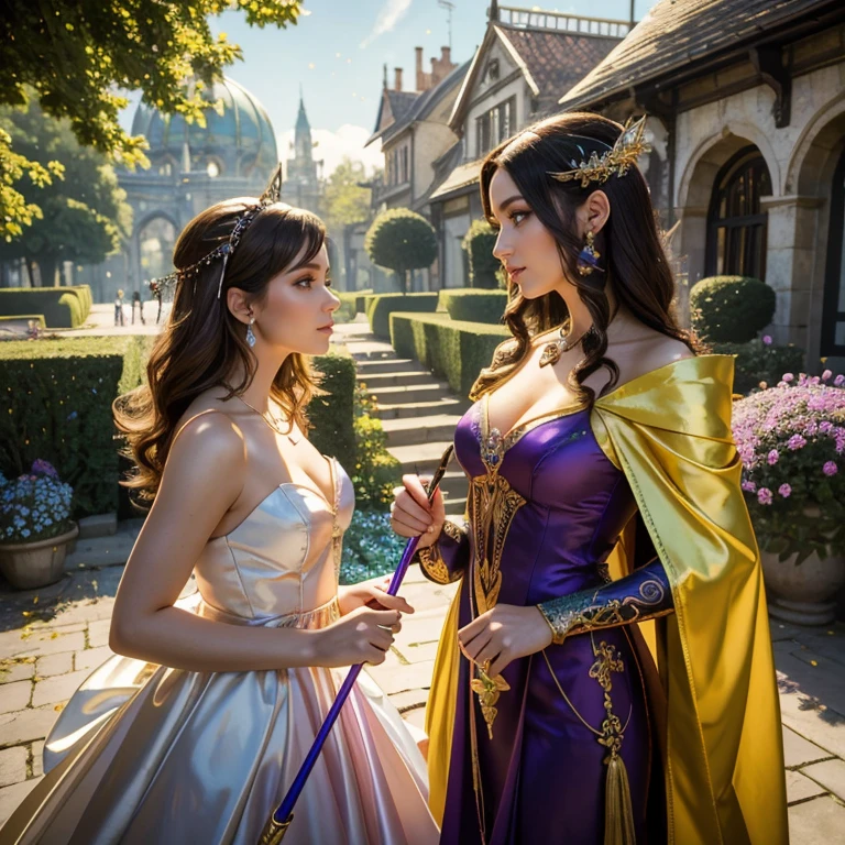 (masterpiece, best quality:1.5), highest quality, High resolution, super detailed, Realists, Upper body photo of a brunette sorceress, detailed and beautiful eyes, beautiful detailed lips, very detailed eyes and face, longeyelashes, shiny satin dress, Holding a magic wand in your hand, Cast a transformation spell, The wasps turn into colorful balloons, Glowing wands available,Beautiful and colorful makeup, elegant and noble々The jewelry bag, Gardens as background, soft daylight, bright colors, fine brushstrokes, Portrait style, Silk dress fabric, beautiful color palette, glowing skin, First-class rendering, that captures every detail, enchanting atmosphere, subtle shadows and lights, (perfect anatomy:1.2), (The two stunning sorceresses transform wasps into colorful balloons. (a transformation with the magic wand:1.4), (magnificent panorama view:1.2)