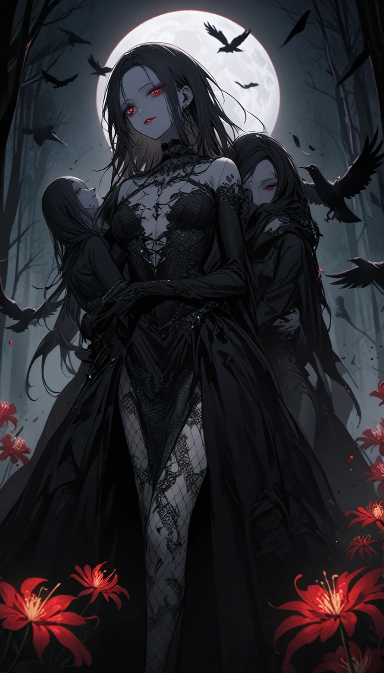 (Dark and scary atmosphere,Gothic Fashion,Dark colors),(Highest quality,Super exquisite item),Very sexy vampire girl,Sisters separated by years,A large number of red spider lilies in full bloom on a red full moon night,Beautiful and delicate eyes,Beautiful black straight ponytail,Crow's feathers,Red lipstick,A mysterious and seductive smile,Pale skin,Fishnet tights,black and white lace dress,The moonlight illuminates her silhouette,shadows and highlights,Create a calm and lively atmosphere,Lighting effects to make her look beautiful,A fantastic background created by darkness and moonlight,She is a tall girl who looks like an adult.,A crow is flying,Crow's feathersが舞う,Are standing,Deep foggy forest behind,(Courtesy),((The shadows of several hanged bodies in the forest behind)),A flock of crows swarming around a corpse,Princess hug