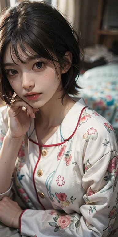 Cute girl lying face down on the bed and looking at you, 22 years old, Realistic, she is wearing shorts, She is wearing floral pajamas, short hair.Shoulder Bare