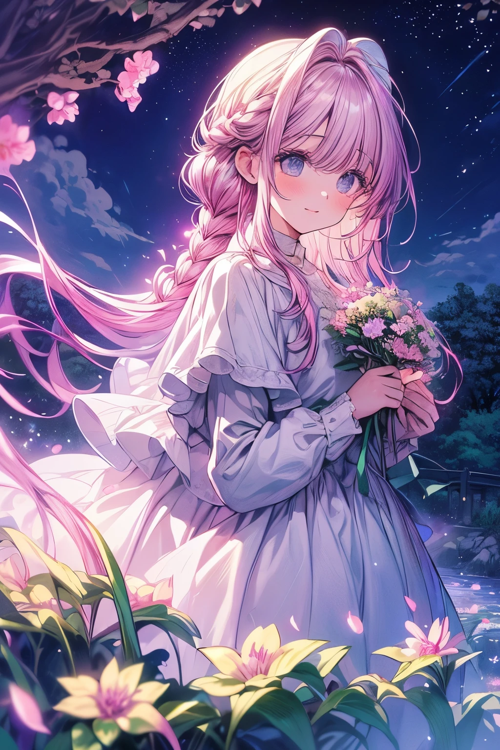 (magical pretty night null green stream overlay scene), (null), (cloud), Soft lighting, Clean background, Beautiful views, masterpiece, high quality, Beautiful graphics, Attention to detail, Spectacular views, garden, Flowers, cloud, (night starry null, River behind, Behind is a huge old tree々, Shiny pink petals fall behind)One girl, I want to cry, Braid,