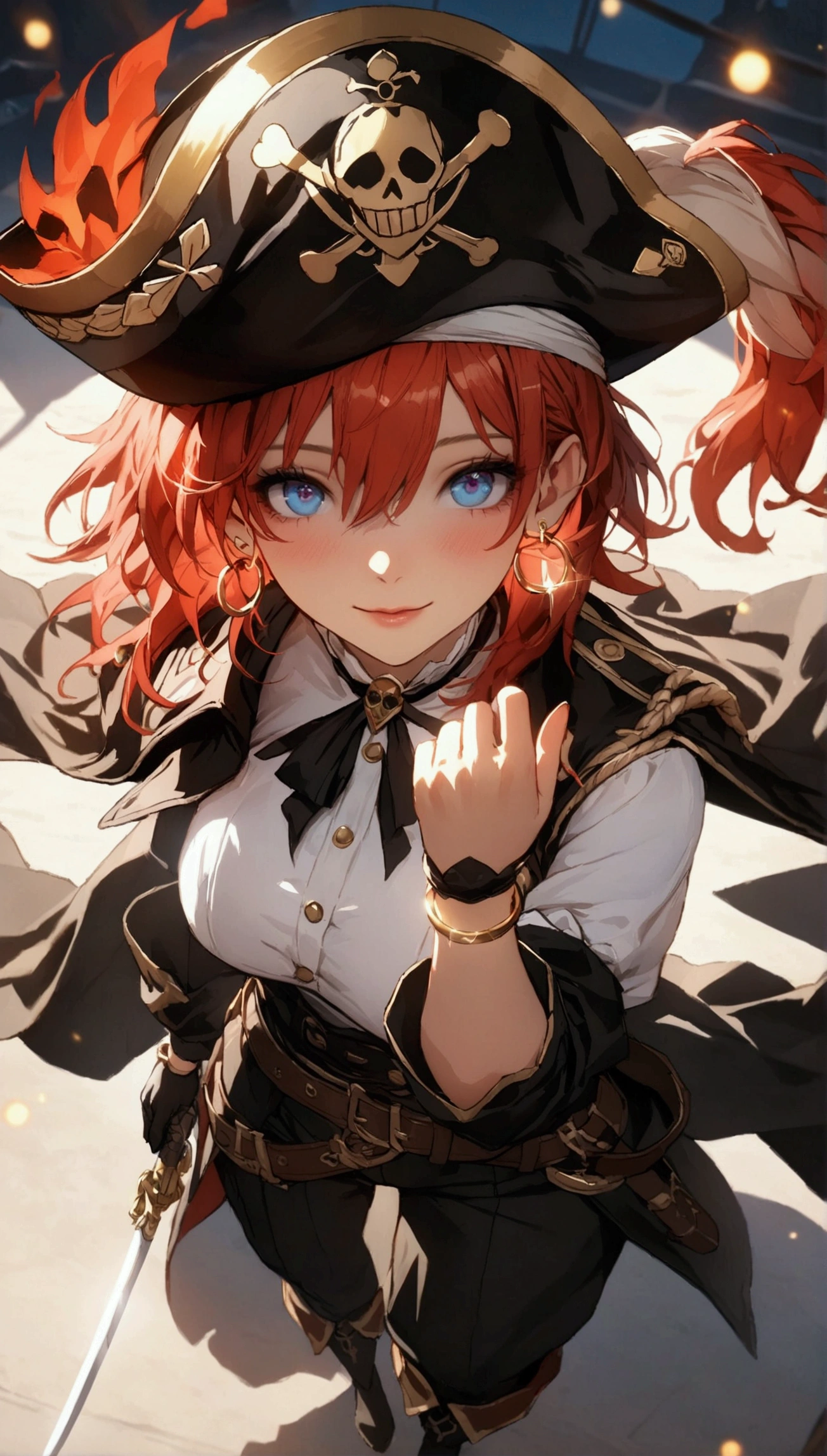 (Masterpiece. The best quality. 8K. Sharp focus. Depth of field, The best shadows. Perfect lighting. HDR. Realistic skin texture. Ultra-detailed background. Detail). Anime style. Honkai: Star Rail. March 7. 1 girl. Fiery red hair, short hair. Azure blue eyes, beautiful eyes, beautiful eyes, expressive eyes. Beautiful nose, perfect facial features. B-size breasts, beautiful breasts. Long beautiful legs. Arms crossed on chest, right hand near face, right hand placed on cheek, Ara Ara. Pirate hat, white blouse, pirate pants, pirate knee-length boots, elbow-length leather gloves, wide belt on waist, gold bracelets on hands, gold hoop earrings in ears. Pirate uniform-cloak. Shoulder straps with Jolly Roger on shoulders. On the belt there is a saber and a musket. Stands at full height at the ship's helm. Full body.