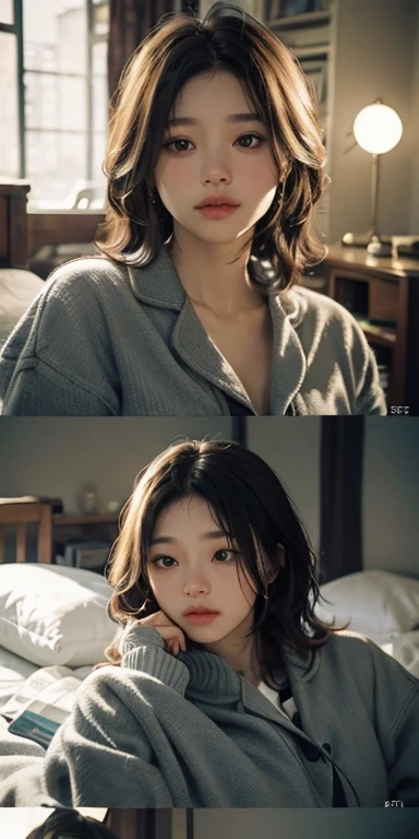 (masterpiece: 1.2, Portraiture, Highest quality), Realistic, (Live Action, Intricate details, Written boundary depth), Highest quality, masterpiece, Attention to detail, semi-Realistic, Sleeping in bed, shy, 21 years old, Short Blonde, blue eyes, pajamas, Slim figure、Canopy bed、