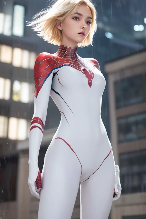 18 yo girl, white spider man suit, short blunt hair, blonde, beautiful face, rain, roof, masterpiece, intricate detail, perfect anatomy, redhead, photo realistic