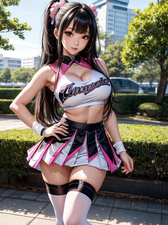 Photorealistic, high resolution, A Japanese Cheerleader named Jade, solo, heavy makeup, Double D breast. Hips up, (Detailed face), Pink Cheerleader outfit with short pleated skirt. Black hair, Long hair, Skirt opened to reveal Black lace Panties and thigh high black and white striped Socks. black micro skirt, . Fully clothed, park setting
