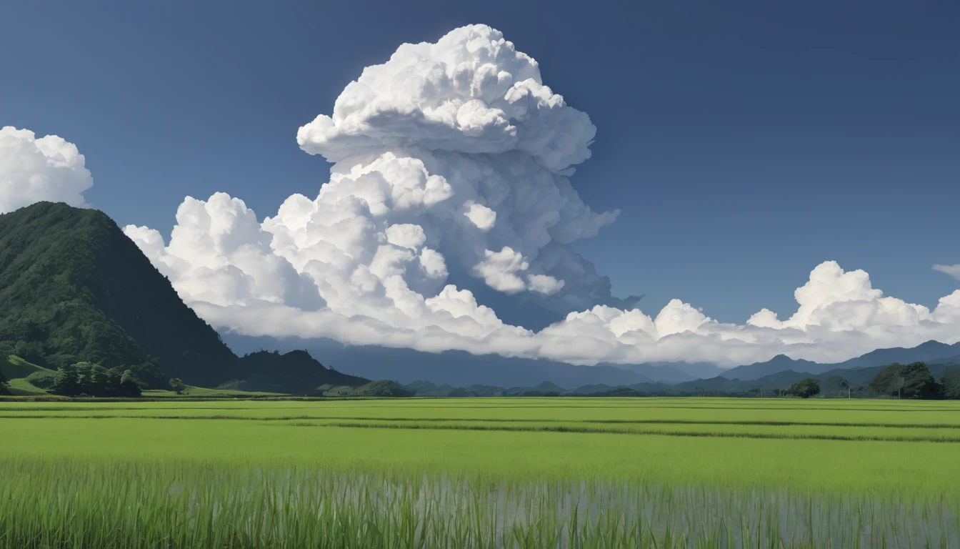 Japanese countryside,Paddy field,Azemichi,Midsummer,sunny,cumulonimbus,Daytime,Highest quality, 8k, High resolution, masterpiece:1.2, Very detailed, Realistic:1.37, High resolution, 超High resolution, Very detailed, Professional, Vibrant colors