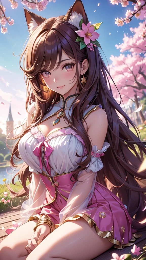 (best quality,4k,8k,highres,masterpiece:1.2),ultra-detailed,(realistic,photorealistic,photo-realistic:1.37),acrylic painting,beautiful Brazilian model in a uniform outfit with downy hair,beautiful Brazilian model with extremely colorful brown hair and detailed facial features,beautiful Brazilian model standing in a beautiful garden surrounded by a starry sky,brown hair,beautiful Brazilian model wearing a vibrant pink and teal uniform outfit,beautiful Brazilian model with intricate accessories,cat ears, ,beautiful Brazilian model with long flowing twintails,beautiful Brazilian model with bright brown eyes and rosy lips,beautiful Brazilian model with a joyful expression,beautiful Brazilian model in a dynamic pose with cherry blossoms falling around her,beautiful Brazilian model surrounded by colorful flowers and butterflies,beautiful Brazilian model's school uniform outfit adorned with cute bows and lace details,beautiful Brazilian model with an enchanting smile,beautiful Brazilian model with soft, pastel-colored shading,beautiful Brazilian model with a magical glow illuminating her,beautiful Brazilian model in a picturesque setting with a winding path leading to a magnificent castle,beautiful Brazilian model with a fairytale-like background,beautiful Brazilian model with a soft, dreamy atmosphere,beautiful Brazilian model with a subtle bokeh effect,beautiful Brazilian model standing under a sunny sky,beautiful Brazilian model with a warm, golden sunset in the background,beautiful Brazilian model surrounded by twinkling stars and colorful nebulae,creating an ethereal and captivating artistic masterpiece, sitting down, facing camera.