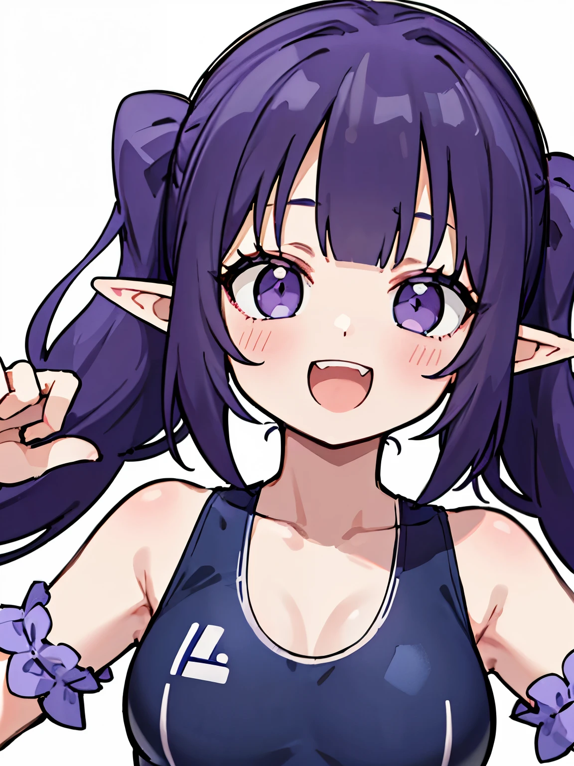 1 cute girl, flowing dynamic high short pigtails, straight bangs, dark purple blue hair, open mouth, smiling with sharp teeth, elf ears, bust up image, simple white background, purple skin tone, dark purple hair, wearing a plain swimsuit, excited happy expresison, white background, dynamic hair, short pigtails, hands waving, bare arms, nothing on the arms, just a swimsuit, front facing, one person, just one
