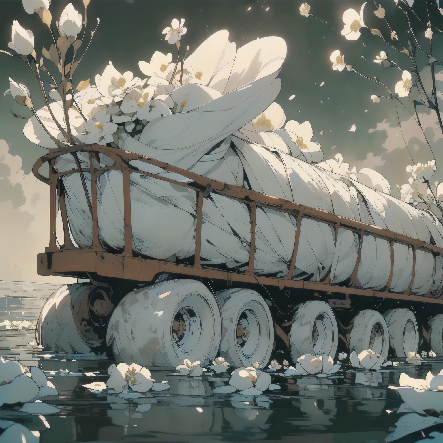 (((Masterpiece, top quality))), (((32K wallpaper))), ultra high resolution, (((close-up))), gorgeous light leak, (((backlit))), highly detailed background, top quality, (((no humans))), highly transparent river, (((extremely detailed rusty heavy truck with many white flowers)), (((( very dull color )))), (((( white flowers in the water))), (((White petals fly)))