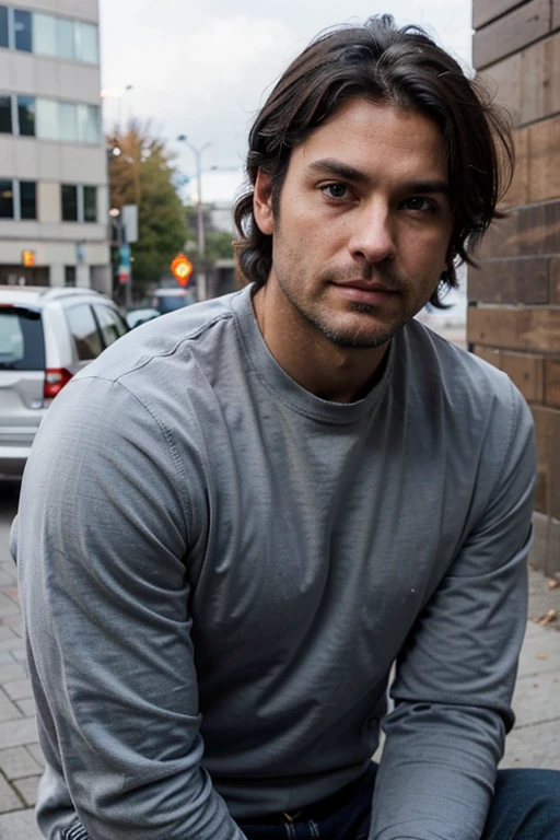 38 year-old Male, white male, tanned skin, handsome, black hair,  and stubble beard, deep blue eyes,  muscular body and thin, wearing a jacket and t-shirt and jeans, straight nose, oval face, canadian, his hair is below his ears, tousled messy hair badass