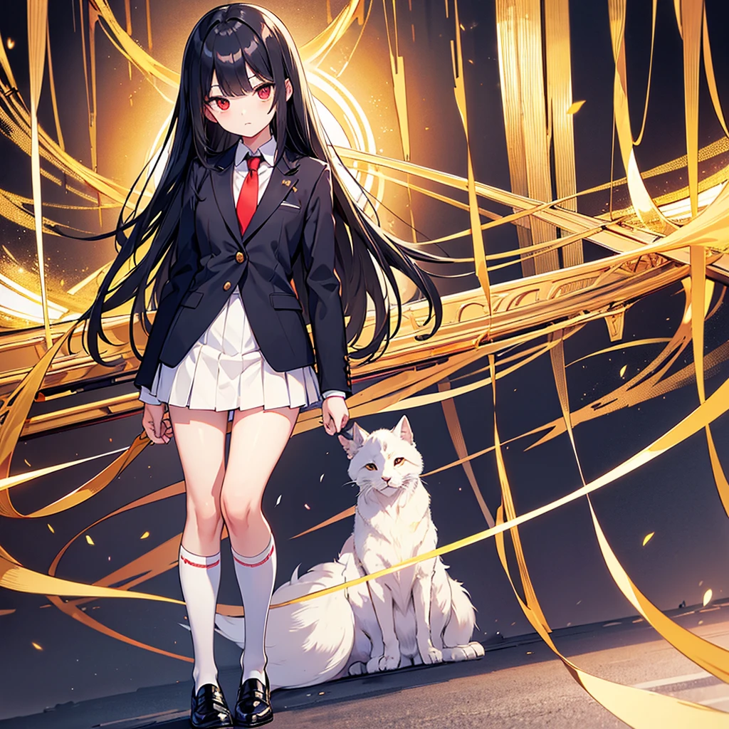 (masterpiece), best quality, expressive eyes, neutral expression, black hair, long hair, straight hair, straight bangs, hime cut, red eyed, lean muscular, blue blazer with golden trims, golden tie, white shirt, black miniskirt, white knee socks, black shoes