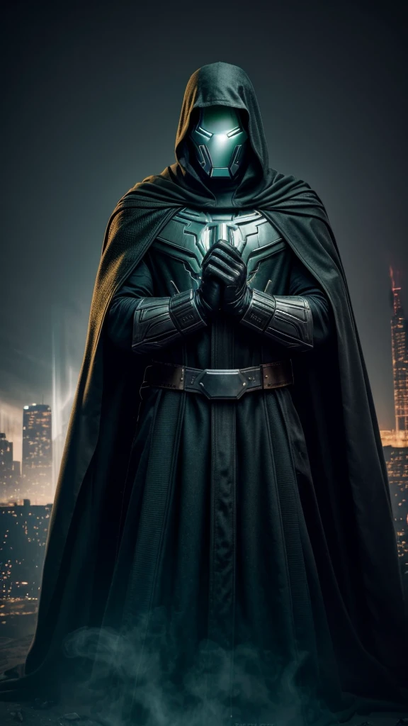 Doctor Doom Marvel, 35mm lens, photography, ultra-detailed, HDR, UHD, 8K, portraits, dark atmosphere, menacing expression, black cloak, iconic metal mask, glowing power green eyes, intricate armor, smoke effects, dynamic pose, ruined cityscape, dramatic lighting, intense shadows, vibrant colors, Srombreaker in lightning power, Bekgraond in GULKTAS,