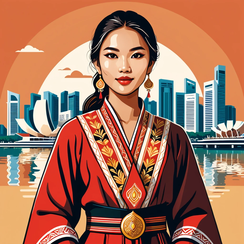 female	nomad	in singapore folk outfit	,vector graphics, strong contours, logo design																						