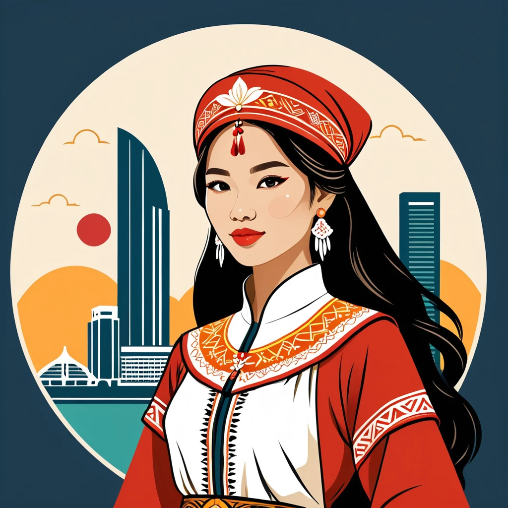 female nomad in singapore folk outfit ,vector graphics, strong contours, logo design