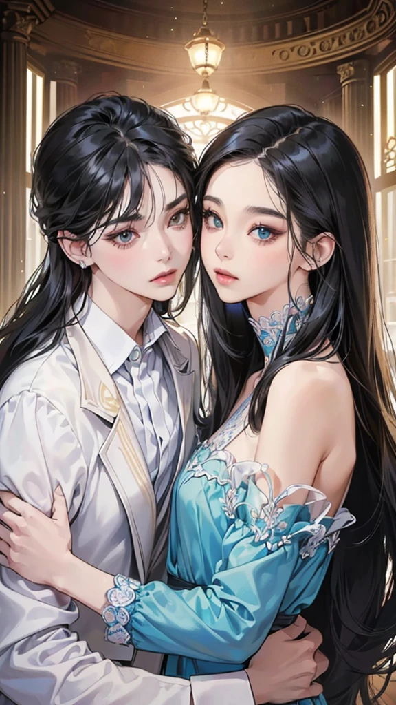 pairรักนักศึกษา, (table top, digital art, digital illustration, 4K, 8ก, Superb details, beautiful picture, clear picture, realistic, raw photos, perfect face, perfect lines, perfect eyes, soft light) 1 female, (long black hair,one lane、straight hair、Looks bullish,beautiful woman,suit,Hard makeup,small breasts、Female, 23 years old,:1.3), suitを着たハンサムな男性 2 人, (human,suitを着た男,stalwart,hard shoulder width, human,children's hairstyles;style,A man in his 30s with a cool demeanor,A 28 year old man with a bright smile:1.2),A living room filled with light、chocolate、pair、pairキス、romantic、Hug each other