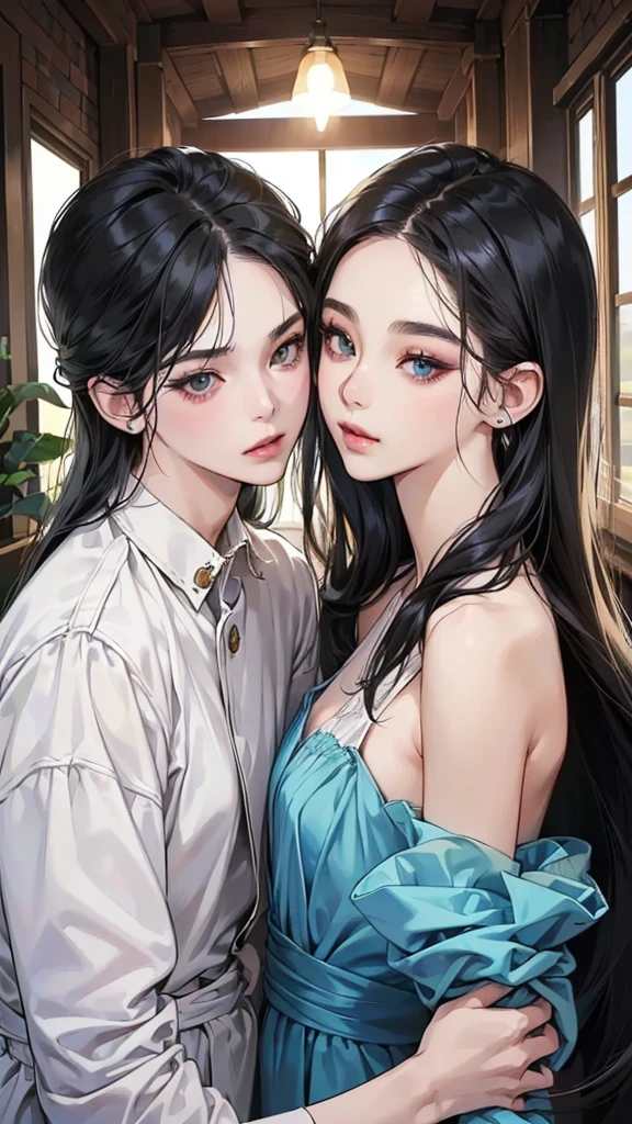 pairรักนักศึกษา, (table top, digital art, digital illustration, 4K, 8ก, Superb details, beautiful picture, clear picture, realistic, raw photos, perfect face, perfect lines, perfect eyes, soft light) 1 female, (long black hair,one lane、straight hair、Looks bullish,beautiful woman,suit,Hard makeup,small breasts、Female, 23 years old,:1.3), suitを着たハンサムな男性 2 人, (human,suitを着た男,stalwart,hard shoulder width, human,children's hairstyles;style,A man in his 30s with a cool demeanor,A 28 year old man with a bright smile:1.2),A living room filled with light、chocolate、pair、pairキス、romantic、Hug each other