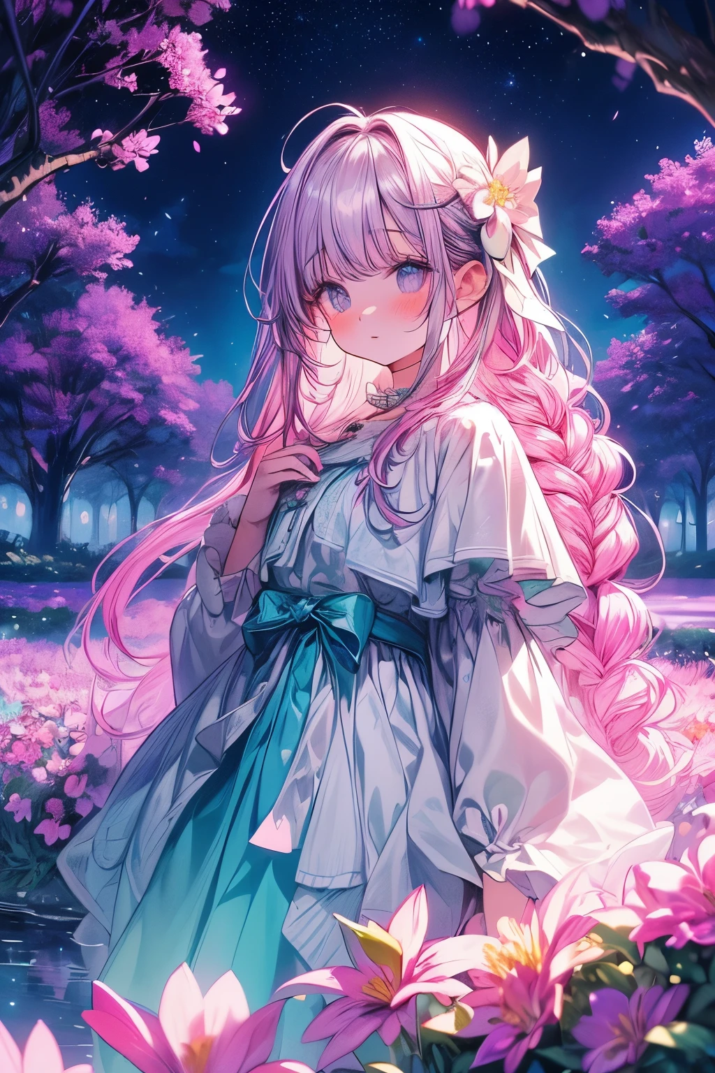 (magical pretty night null green stream overlay scene), (null), (cloud), Soft lighting, Clean background, Beautiful views, masterpiece, high quality, Beautiful graphics, Attention to detail, Spectacular views, garden, Flowers, cloud, (night starry null, River behind, Behind is a huge old tree々, Shiny pink petals fall behind)One girl, I want to cry, Braid, 