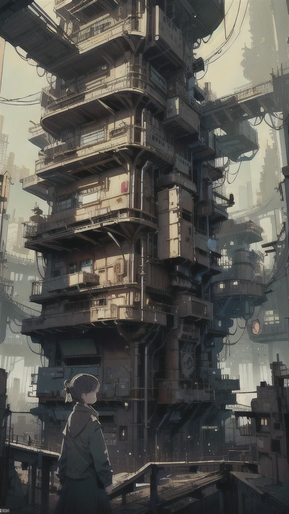 A ray of hope in a dystopian world、A young girl gets lost in a dark Chinese skyscraper、The back of a is reflected in the center of the screen.、Highly complex cityscape、A ruined world、Pull Configuration、industrial use、High-definition depiction、A city lined with electric wires、Create a story with four sheets