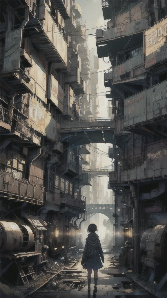 A ray of hope in a dystopian world、A young girl gets lost in a dark Chinese skyscraper、The back of a  is reflected in the center of the screen.、Highly complex cityscape、A ruined world、Pull Configuration、industrial use、High-definition depiction、A city lined with electric wires、Create a story with four sheets