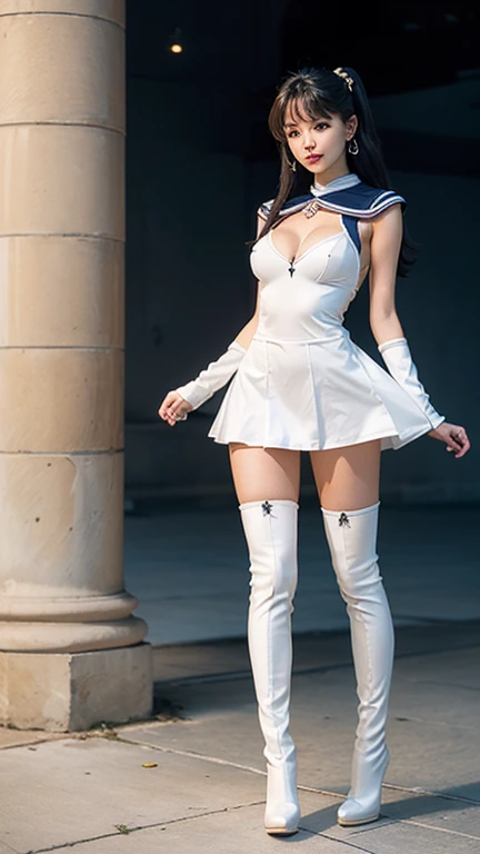 Many silver Sailor Moons,Wearing white tight over-the-knee high-heeled boots,Big Breasts,((Standing posture,Open your legs, Arms straight)),Camel toe
