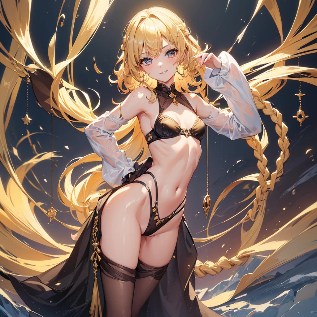 (8k, RAW photo, best quality,sophisticated detail, masterpiece:1.2), (extremely detailed 8k wallpaper),sharp focus, professional lighting, depth of field, cinematic lighting,blur background,BREAK (1girl:1.2),cute face,wet hair,blonde hair, curly hair,braid,slim and smooth lines,slim body,(seductive smile:1.2),Clothes worn by heroes in fantasy,golden ratio,leaning forward,(small breasts:1.4),