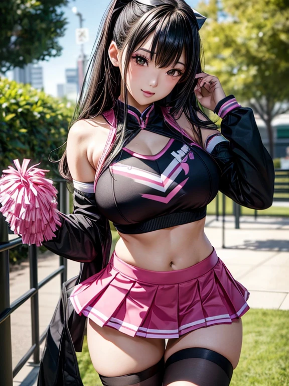 Photorealistic, high resolution, A Japanese Cheerleader named Jade, solo, heavy makeup, Double D breast. Hips up, (Detailed face), Pink Cheerleader outfit with short pleated skirt. Black hair, Long hair, Skirt opened to reveal Black lace Panties and thigh high black and white striped Socks. black micro skirt, . Fully clothed, park setting