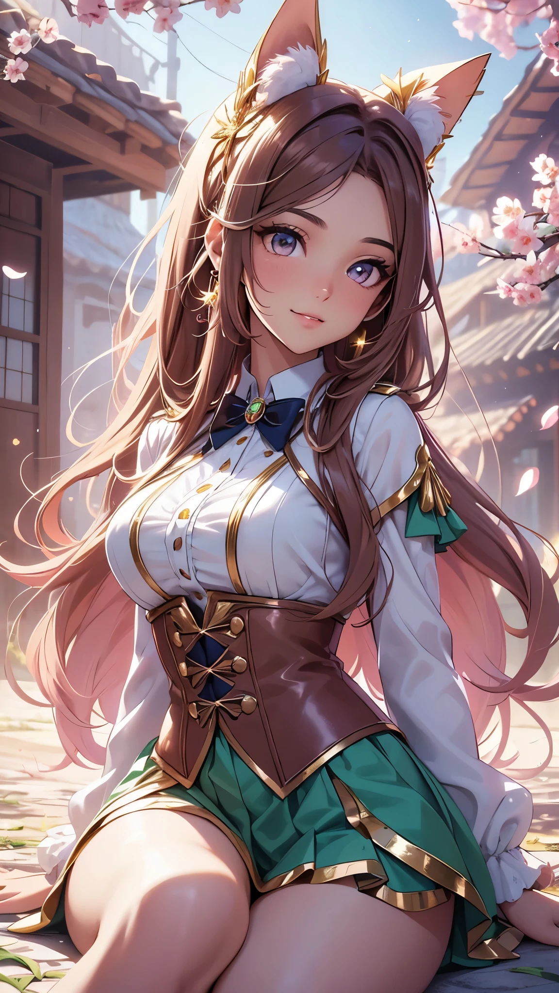 (best quality,4k,8k,highres,masterpiece:1.2),ultra-detailed,(realistic,photorealistic,photo-realistic:1.37),acrylic painting,beautiful Brazilian model in a uniform outfit with downy hair,beautiful Brazilian model with extremely colorful brown hair and detailed facial features,beautiful Brazilian model standing in a beautiful garden surrounded by a starry sky,brown hair,beautiful Brazilian model wearing a vibrant pink and teal uniform outfit,beautiful Brazilian model with intricate accessories,cat ears, ,beautiful Brazilian model with long flowing twintails,beautiful Brazilian model with bright brown eyes and rosy lips,beautiful Brazilian model with a joyful expression,beautiful Brazilian model in a dynamic pose with cherry blossoms falling around her,beautiful Brazilian model surrounded by colorful flowers and butterflies,beautiful Brazilian model's school uniform outfit adorned with cute bows and lace details,beautiful Brazilian model with an enchanting smile,beautiful Brazilian model with soft, pastel-colored shading,beautiful Brazilian model with a magical glow illuminating her,beautiful Brazilian model in a picturesque setting with a winding path leading to a magnificent castle,beautiful Brazilian model with a fairytale-like background,beautiful Brazilian model with a soft, dreamy atmosphere,beautiful Brazilian model with a subtle bokeh effect,beautiful Brazilian model standing under a sunny sky,beautiful Brazilian model with a warm, golden sunset in the background,beautiful Brazilian model surrounded by twinkling stars and colorful nebulae,creating an ethereal and captivating artistic masterpiece, sitting down, facing camera.