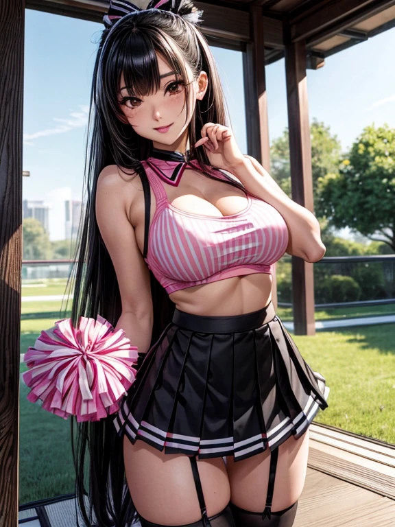 Photorealistic, high resolution, A Japanese Cheerleader named Jade, solo, heavy makeup, Double D breast. Hips up, (Detailed face), Pink Cheerleader outfit with short pleated skirt. Black hair, Long hair, Skirt opened to reveal Black lace Panties and thigh high black and white striped Socks. black micro skirt, . Fully clothed, park setting