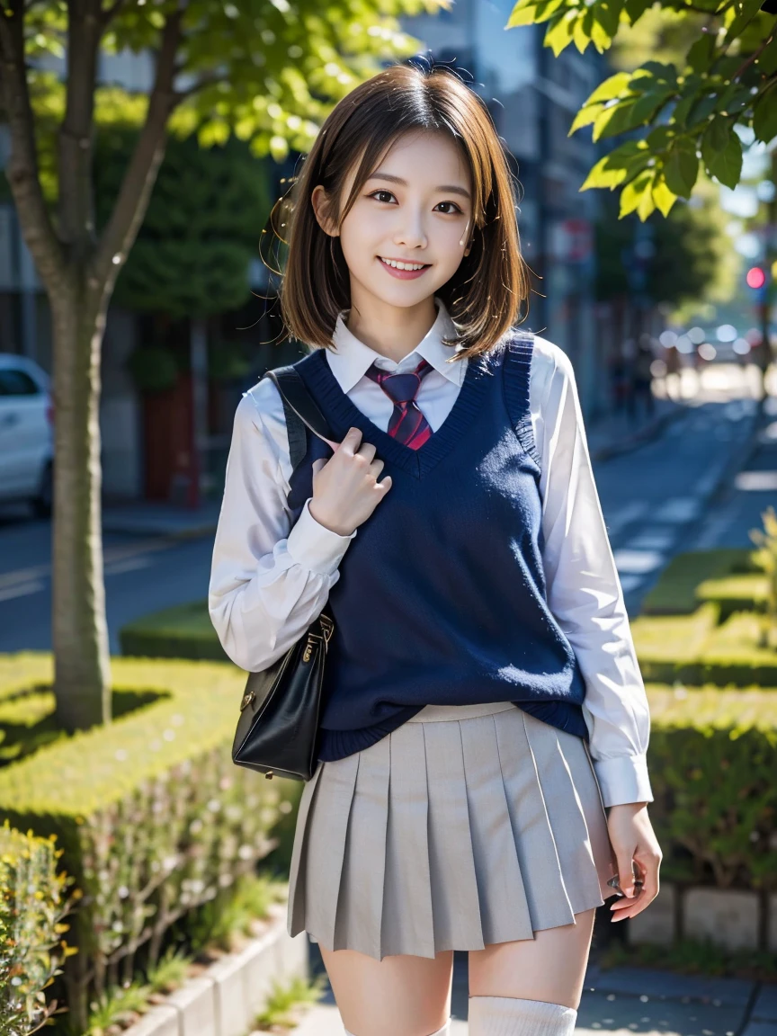 (8k, ultra high res) (best quality) (photo-realistic) (ultra detailed skin), light shadow, Natural lighting, looking_at_viewer 1girl,(Japanese schoolgirl,kogal),smile,miniskirt,sweater_vest,long_hair,outdoors,((long-white-slouchy-socks)and loafers, ), school_uniform, tree, streetgrey_skirt,building,pleated_skirt