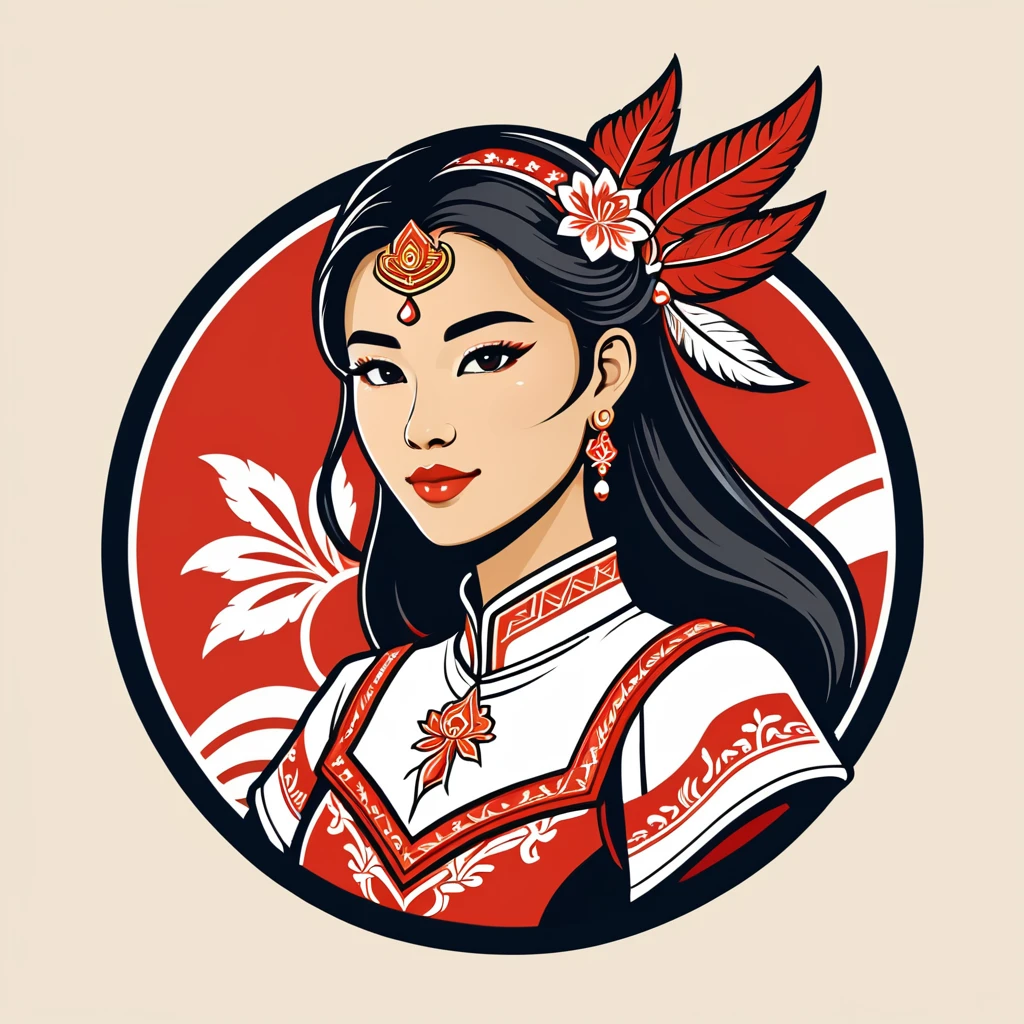 female paladin in singapore folk outfit ,vector graphics, strong contours, logo design